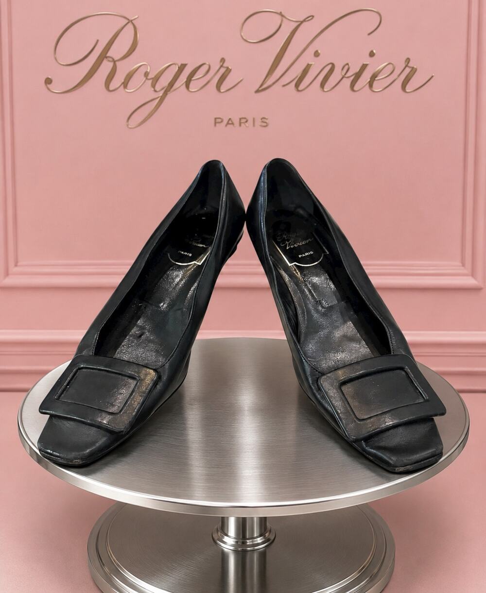 Roger Vivier Black Leather Square Toe Buckle Pumps EU 36 US 6 Made Italy